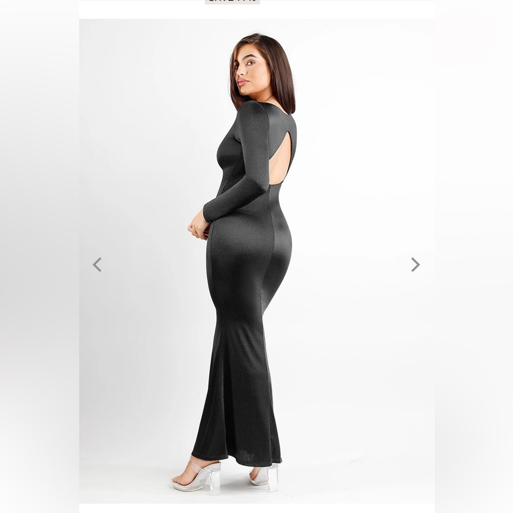 Popilush Shiny Long Sleeve Shapewear Cutout Hourglass Maxi Dress